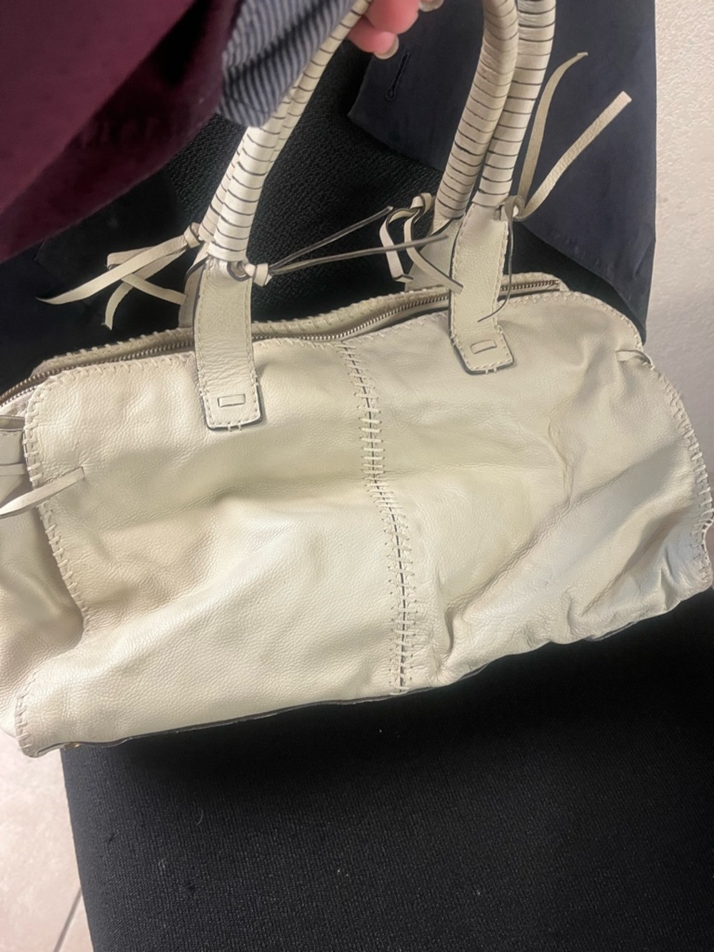 ANTONIO MELANI Cream Leather Shoulder Tote with Front Tassel Pocket - Picture 2 of 4